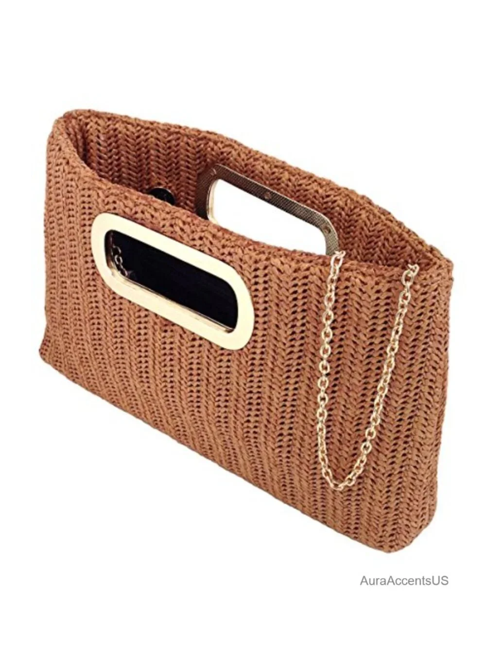 Woven Straw Top Handle Clutch with Detachable Chain